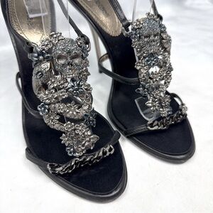 Roberto Cavalli Vintage Y2K Skull Snake Floral Embellished Sandal Heels Black